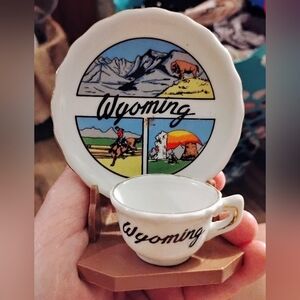 Wyoming Souvenir Miniature Plate and Cup Set with Stand